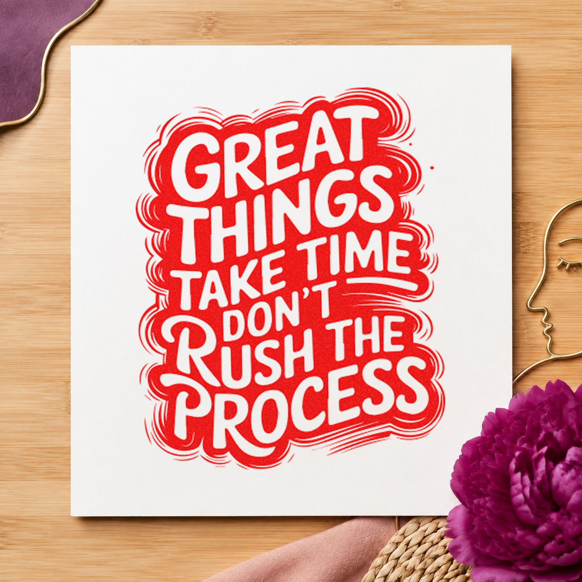 Great Things Take Time craft stamp imprint in red ink on a handmade project, one idea being grade note cards.