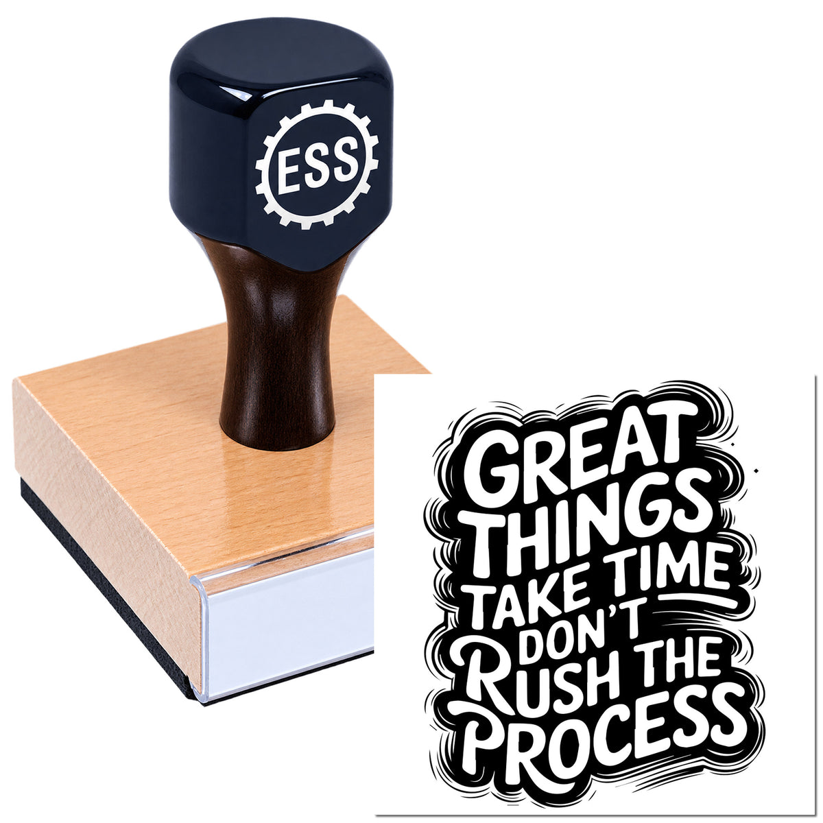 Black ESS rubber stamp on a brown wooden block beside a bold black-and-white seal reading "Great things take time."