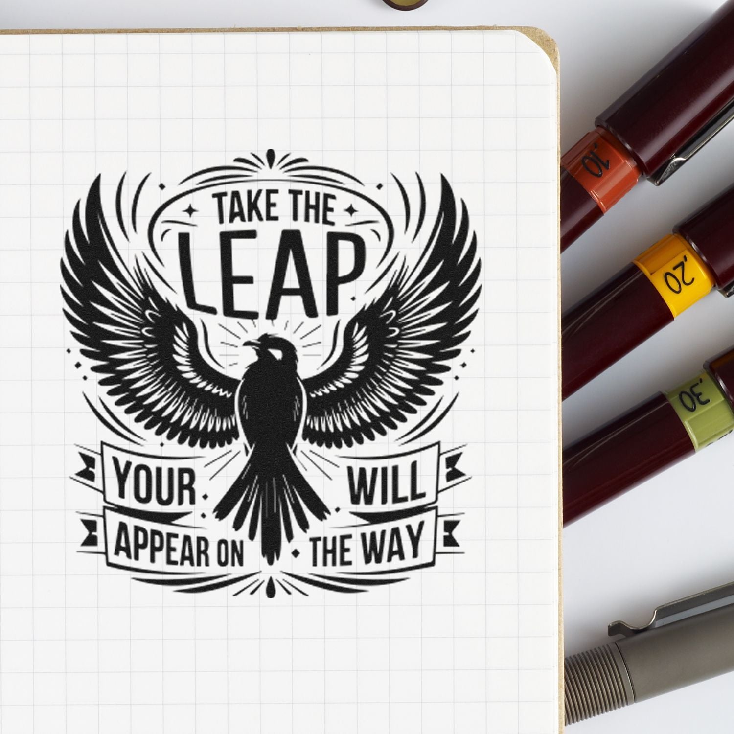 Duo Soaring Raven Urging Courageous Leap Hand Stamp