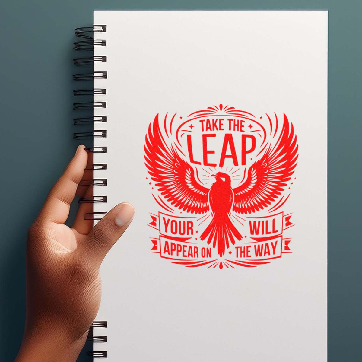 Red stamp-seal graphic with winged bird and Take the Leap on a white spiral notebook, held by a hand.