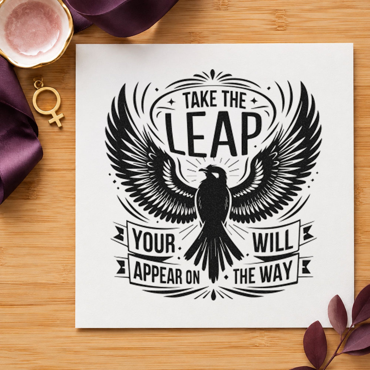 Take the Leap Eagle Banner craft stamp imprint in black ink on a handmade project, one idea being jess set gift tags.