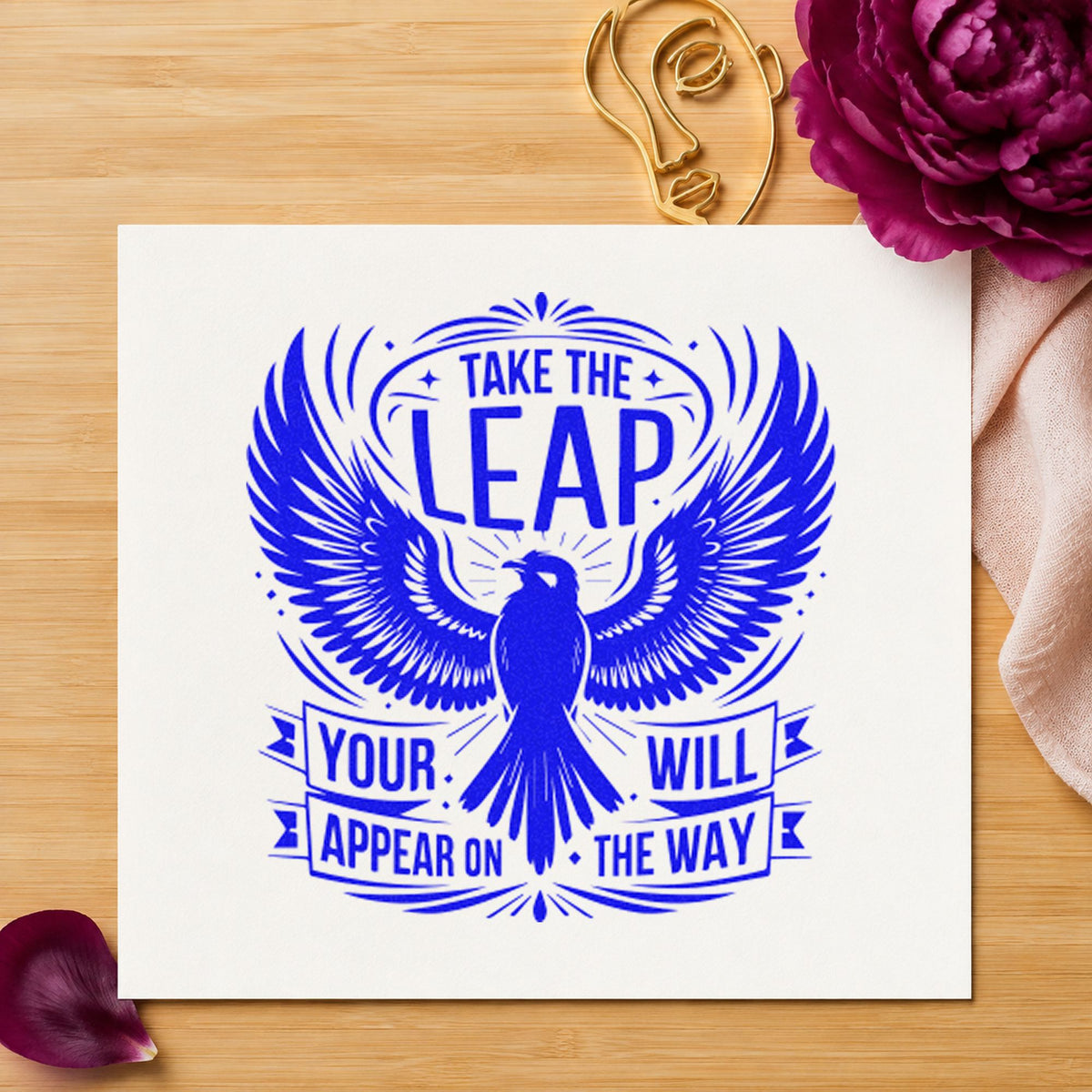 Take the Leap Eagle Banner craft stamp imprinted in blue ink on paper, a design suited to framed mews door.