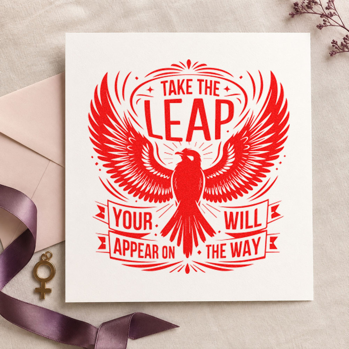 Take the Leap Eagle Banner rubber stamp shown in red ink, stamped for projects such as perch bird labels.