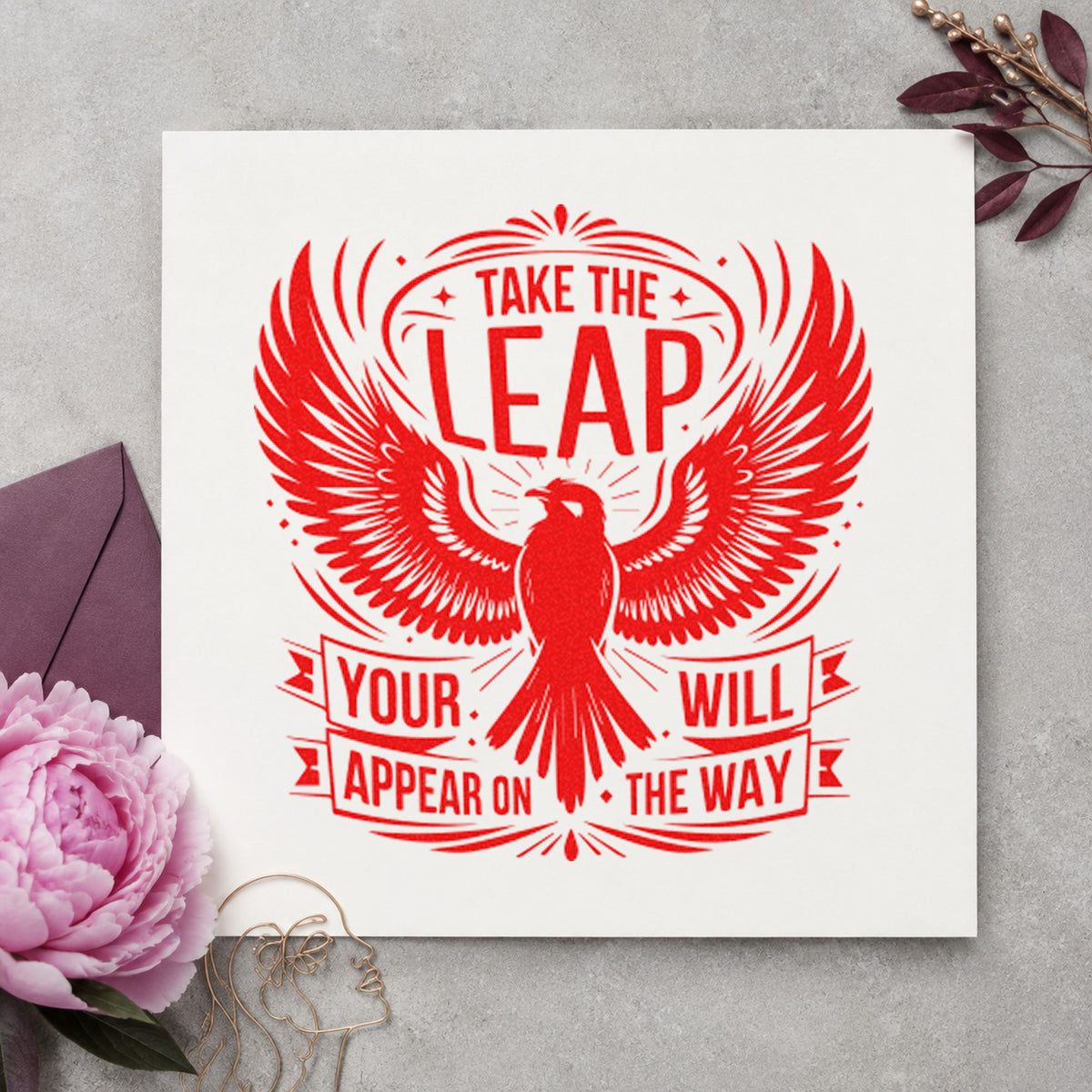 Take the Leap Eagle Banner craft stamp imprint in red ink on a handmade project, one idea being flight note cards.