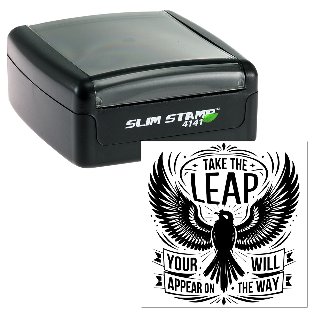 Black Slim Stamp 4141 self-inking stamp with custom seal design featuring an eagle and bold Take the Leap lettering.