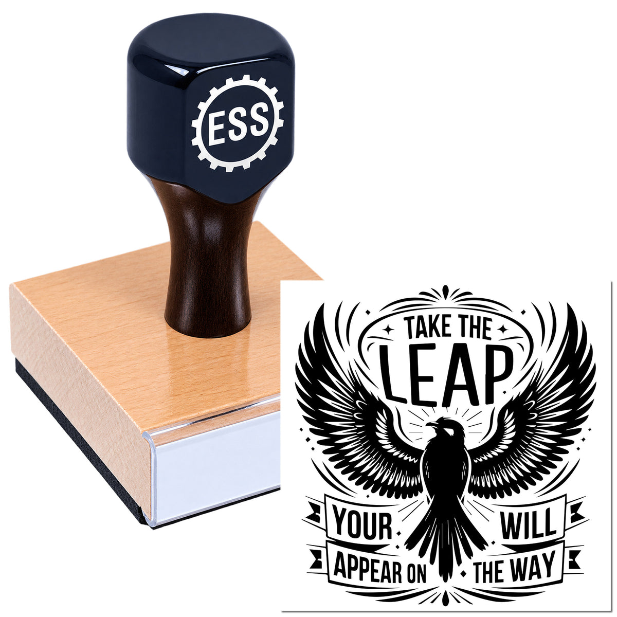 Navy ESS stamp and seal with tan wooden base, featuring bold black eagle design and "Take the Leap" artwork.