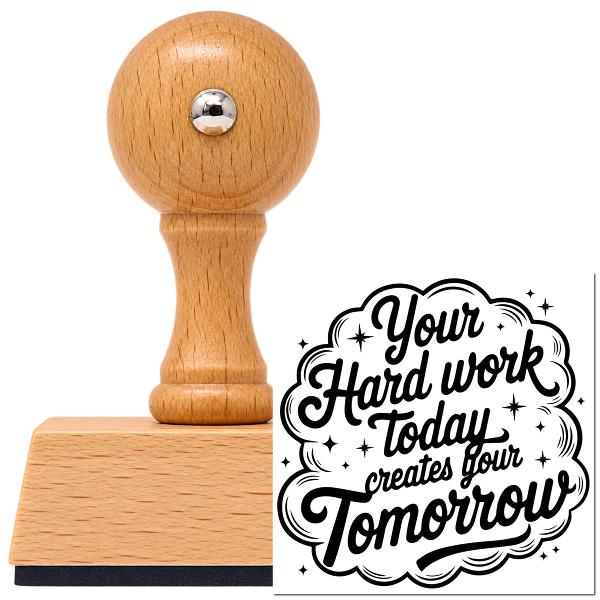 Vintage Pro beech wood stamp with a round knob handle, shown with its black Hard Work Creates Tomorrow imprint on white.