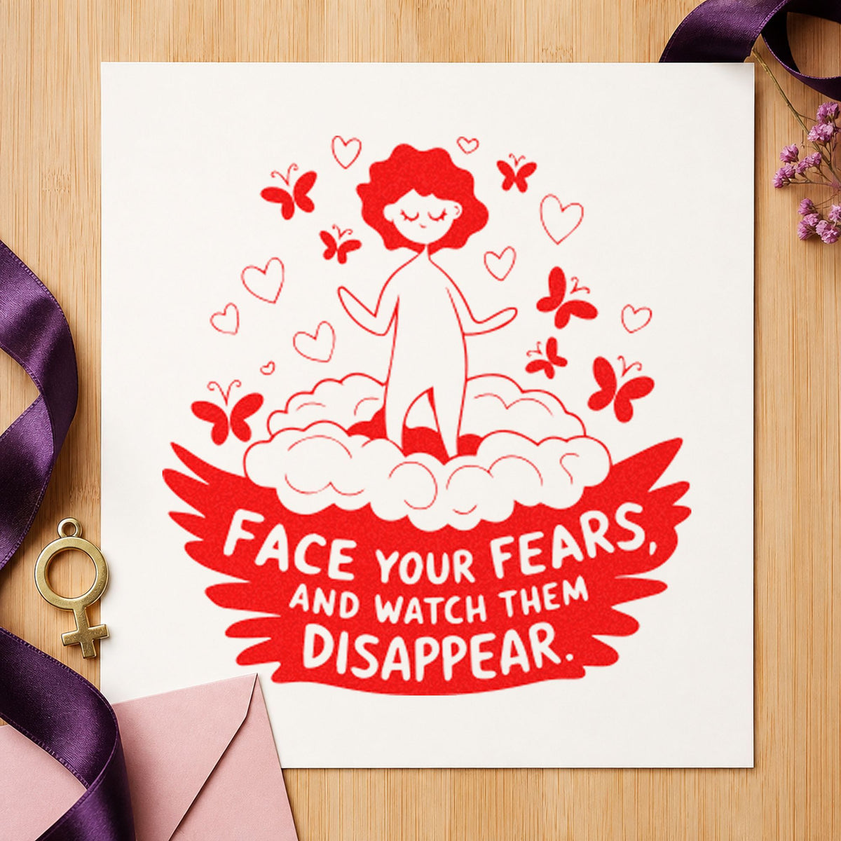 Face Fears Floating Child rubber stamp shown in red ink, stamped for projects such as bin overnight labels.