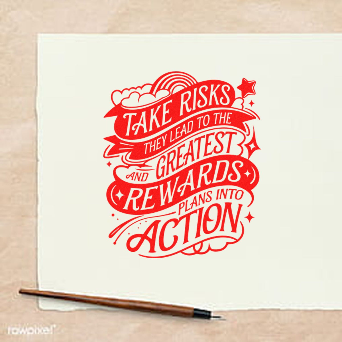 Red rubber stamp seal with ribbon lettering reading Take risks, on cream paper with star accents.