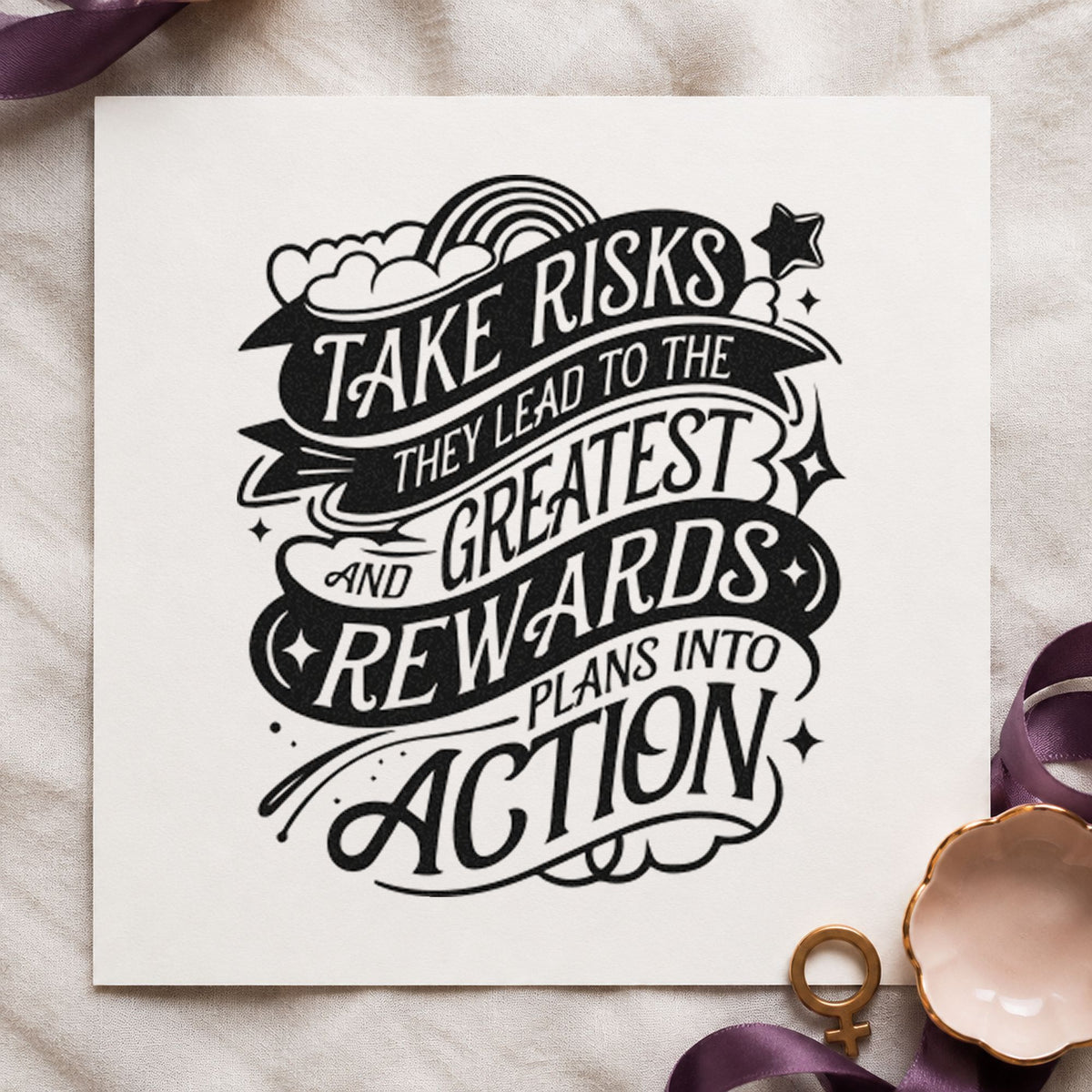 Take Risks Greatest Rewards craft stamp imprint in black ink on a handmade project, one idea being reward box gift tags.