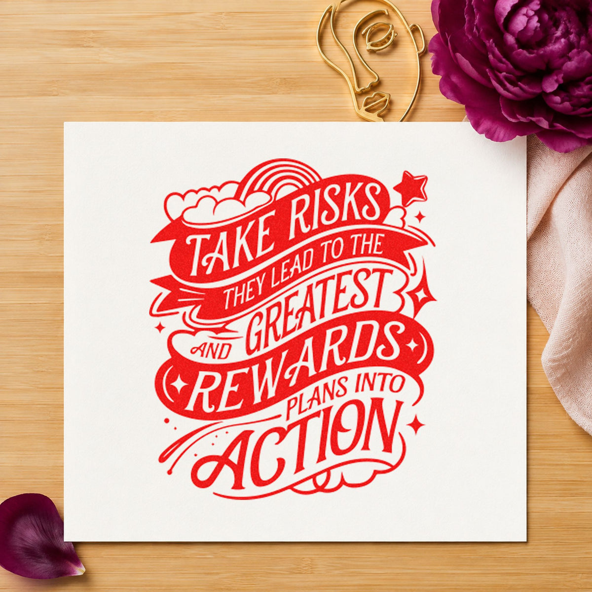 Take Risks Greatest Rewards rubber stamp shown in red ink, stamped for projects such as bin tier labels.
