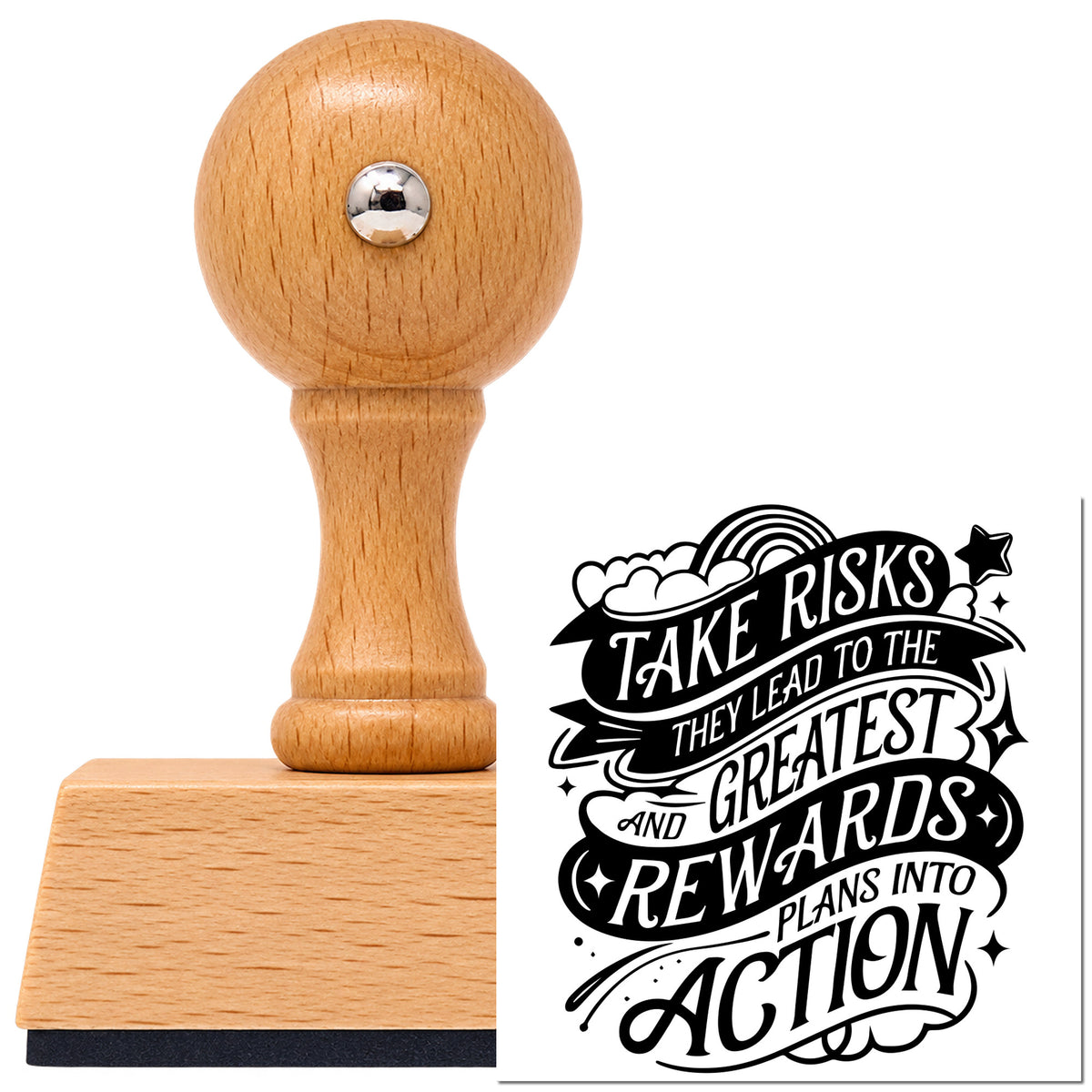 Vintage Pro beech wood stamp with a round knob handle, shown with its black Clouds And Greatest Rewards Lettering imprint on white.