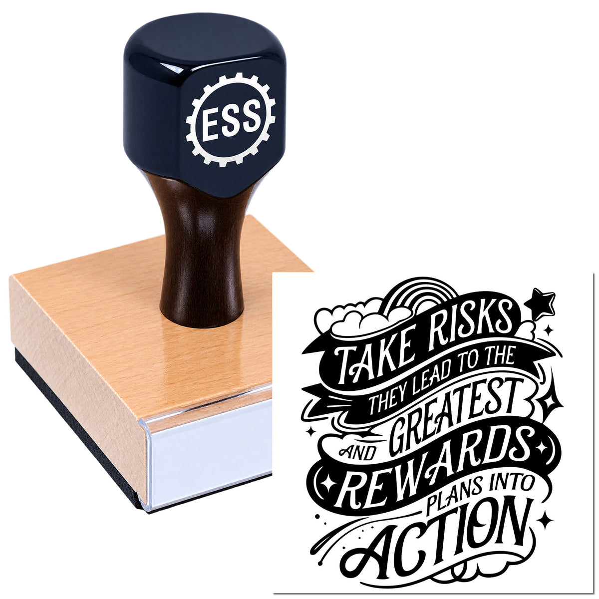 Black ESS stamp on pink wood block beside a black-and-white seal design with motivational lettering.