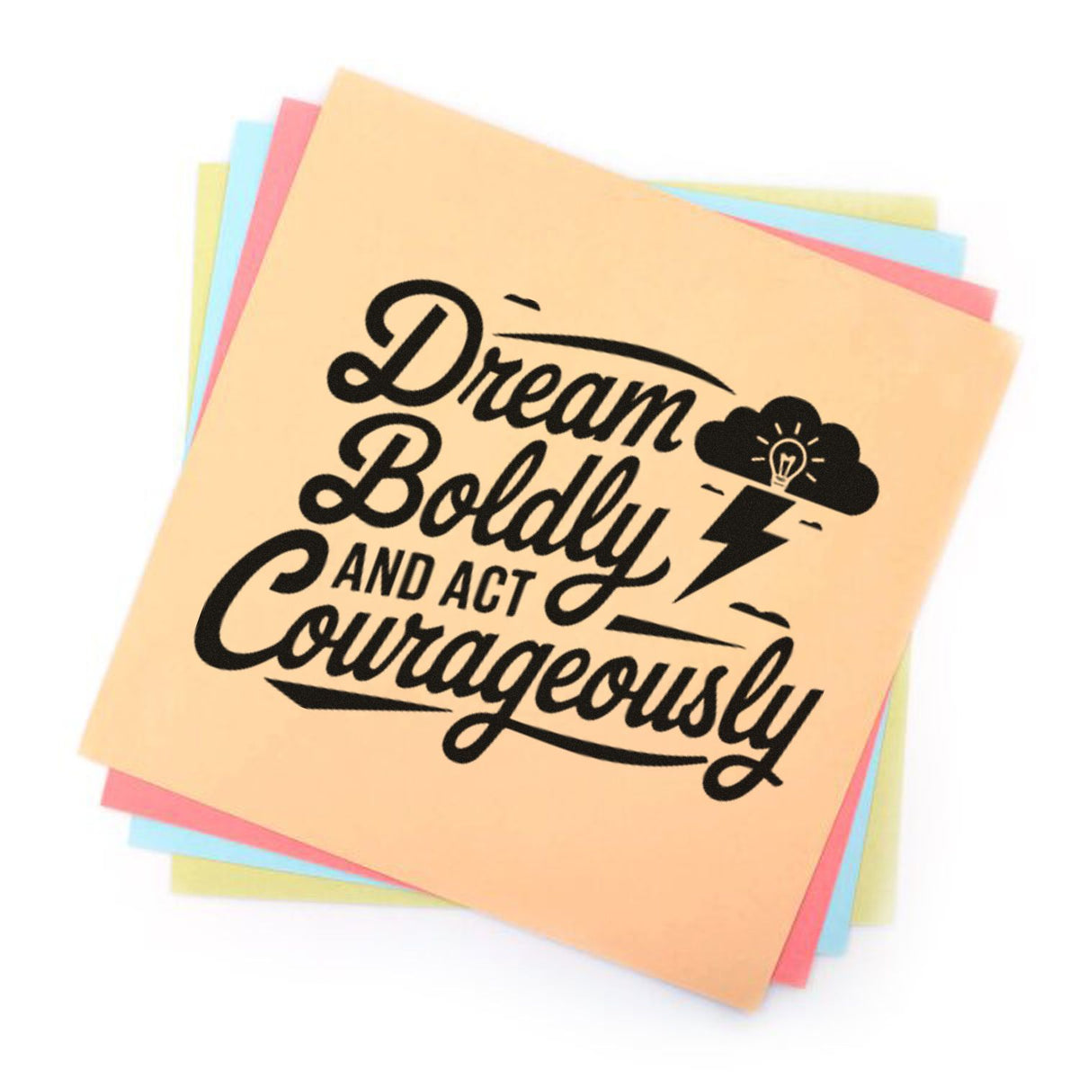 Pastel stamp and seal sheets with black Dream Boldly and Act Courageously design, cloud lightning bolt, peach, pink, blue and yellow.