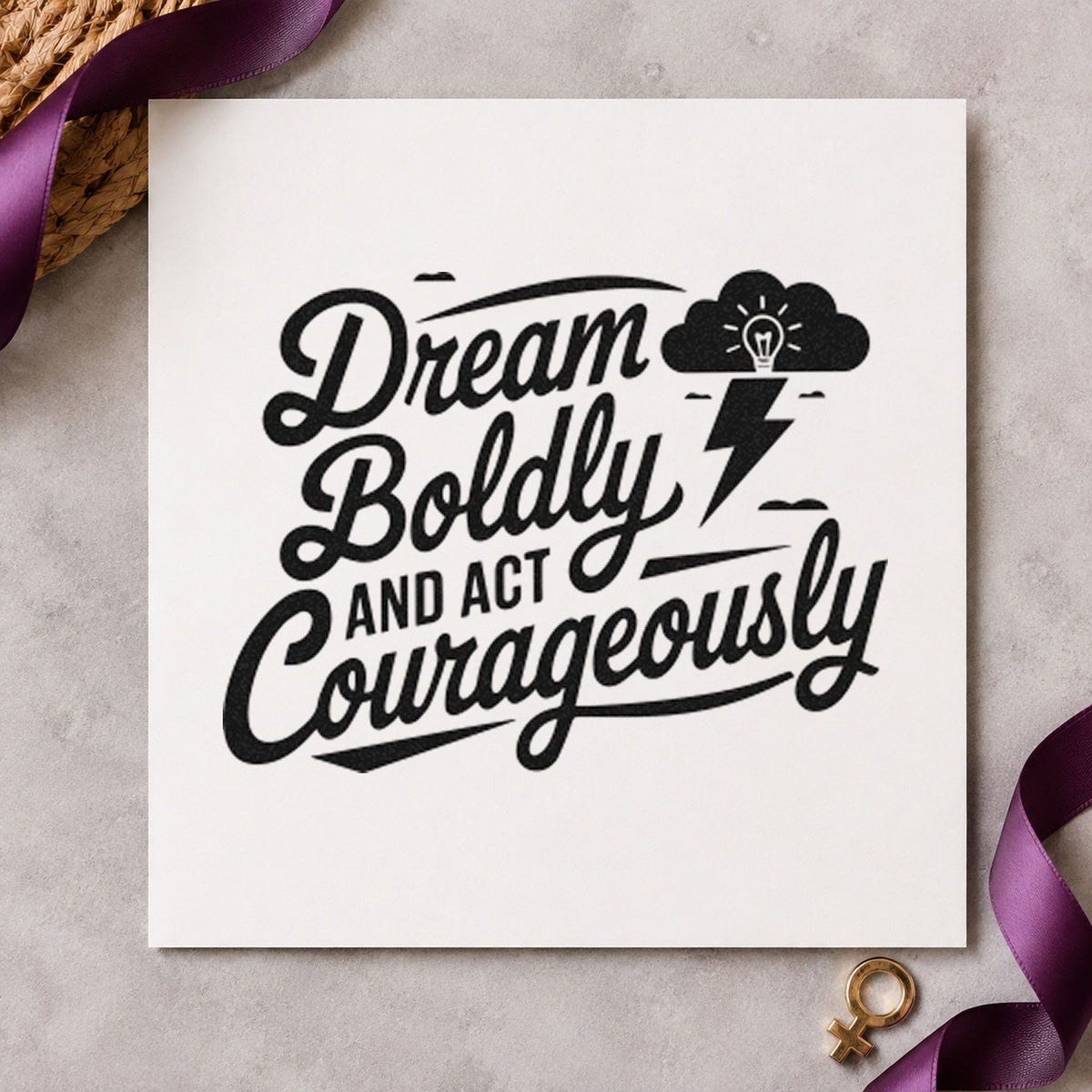 Dream Boldly Act Courageously craft stamp imprint in black ink on a handmade project, one idea being station kit gift tags.