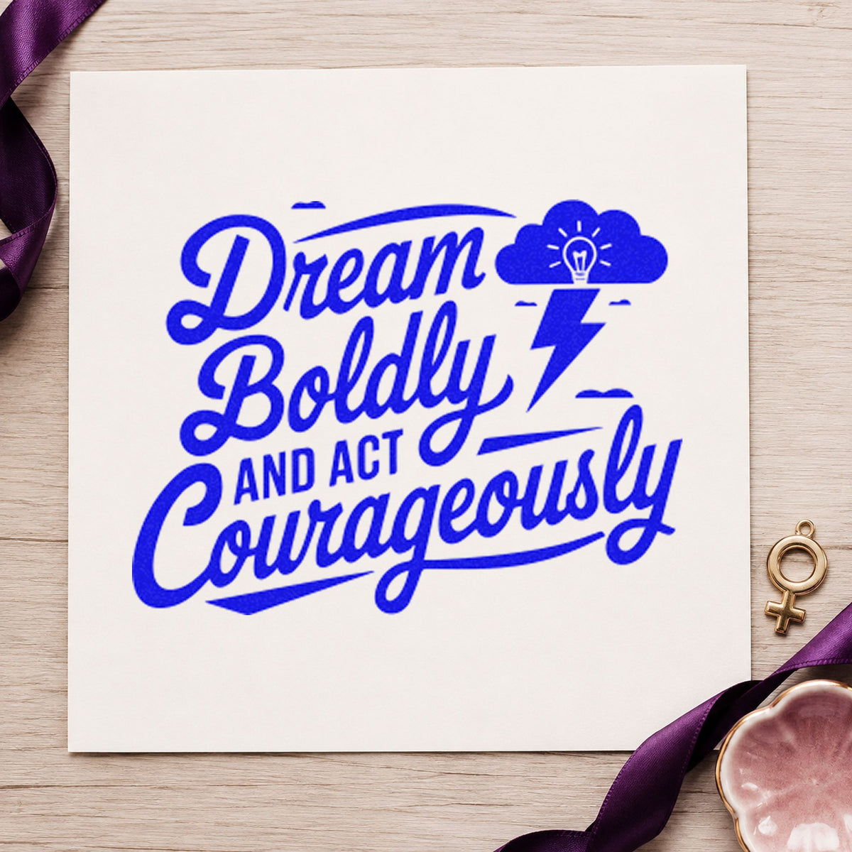 Dream Boldly Act Courageously craft stamp in blue ink on cardstock, an easy option for field bag printing.