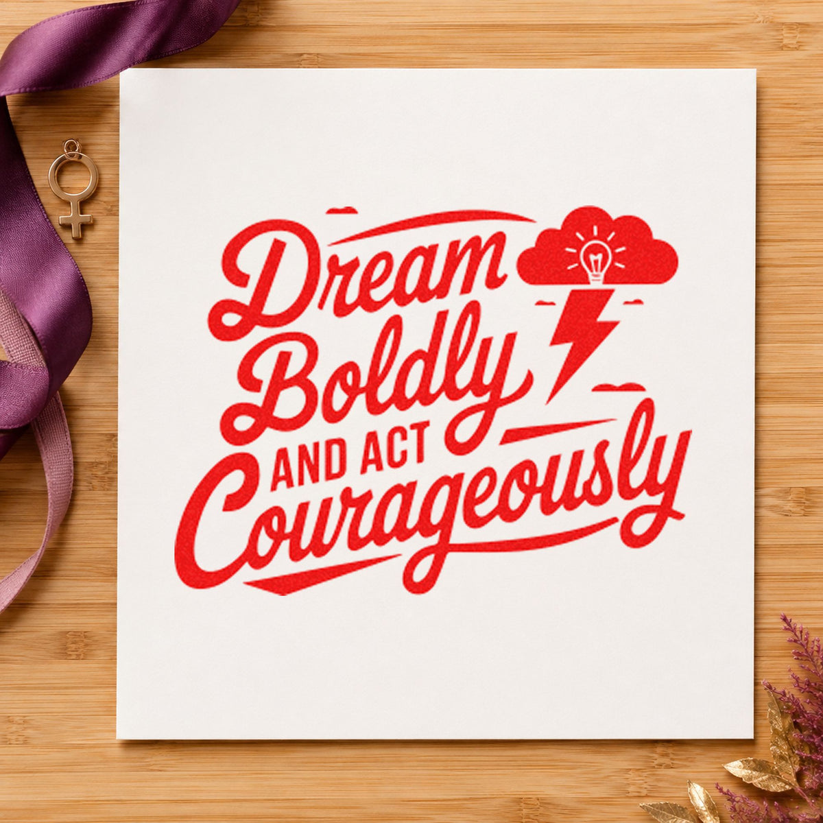 Dream Boldly Act Courageously craft stamp imprint in red ink on a handmade project, one idea being forecast note cards.