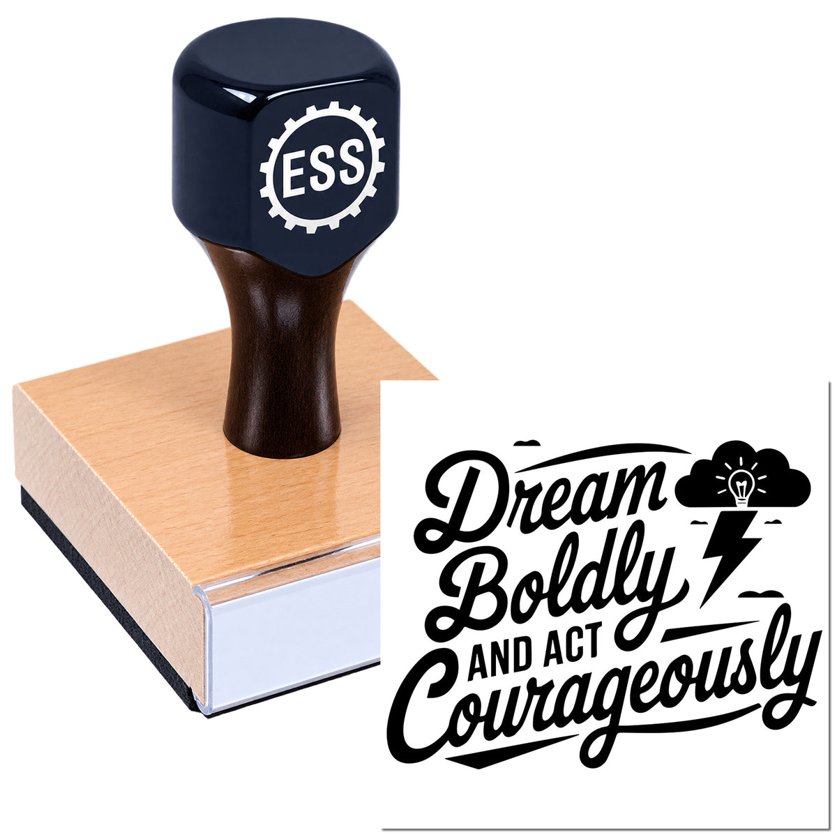 Navy ESS stamp handle on copper seal block beside black "Dream Boldly..." custom seal design on white.