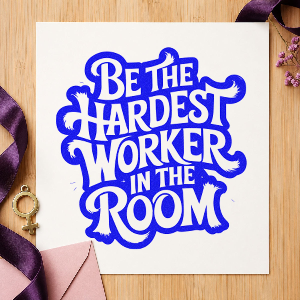 Hardest Worker In Room craft stamp in blue ink on cardstock, an easy option for practice jersey printing.