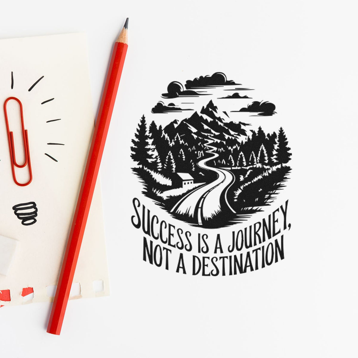 Black mountain landscape stamp seal with winding road and pine trees, beside a red pencil and paper clip on white background.