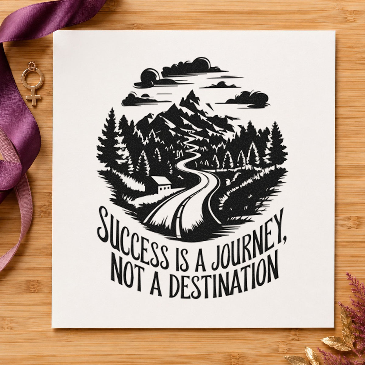 Success Journey Mountain Road craft stamp imprint in black ink on a handmade project, one idea being shoe gift tags.