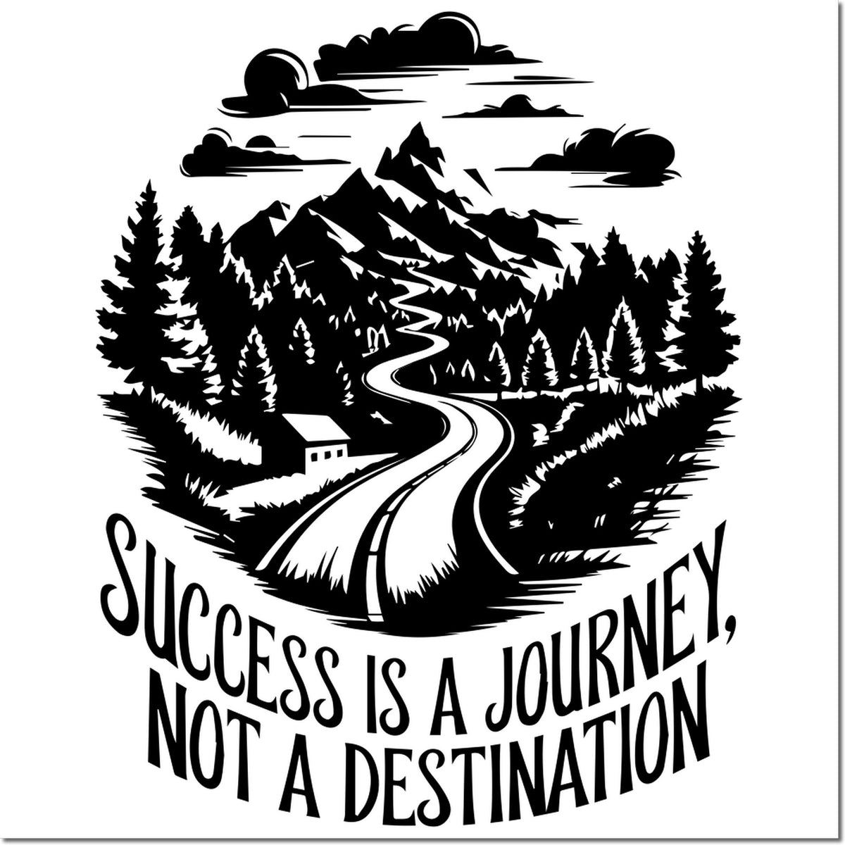 Black self-inking stamp seal with mountain road, forest and quote: Success is a journey, not a destination.