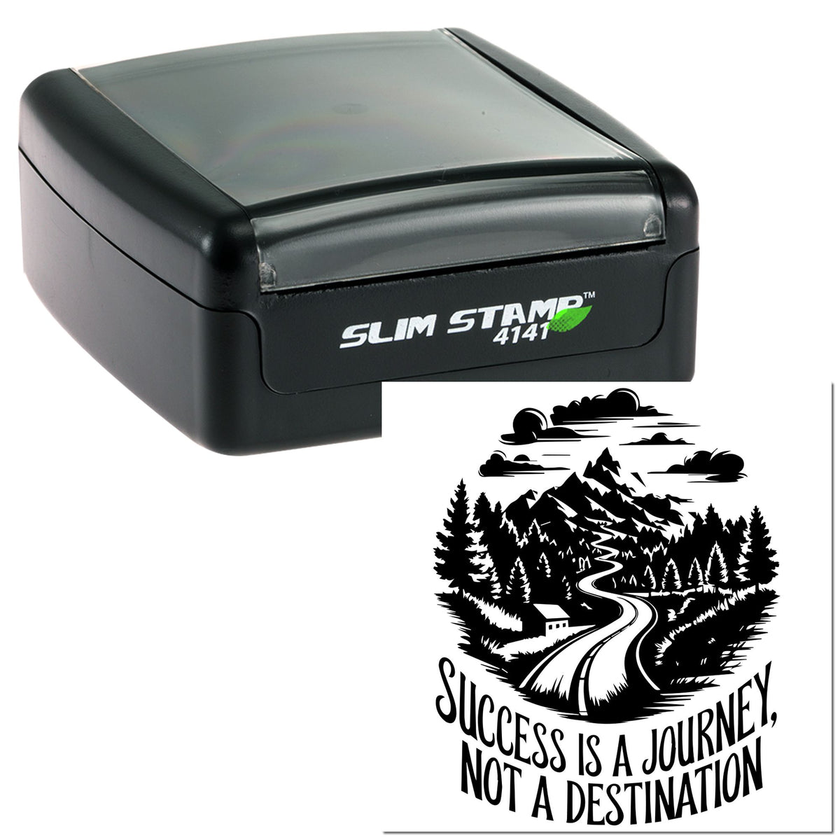 Black Slim Stamp 4141 self-inking seal with mountain road design and Success is a journey, not a destination text.