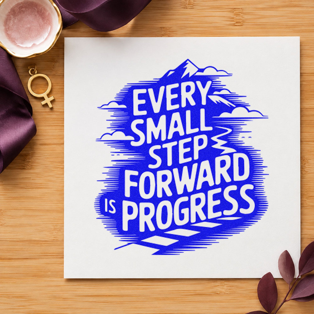 Every Small Step Progress craft stamp in blue ink on cardstock, an easy option for board bag printing.