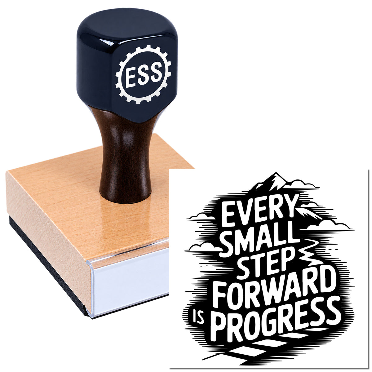 Black ESS rubber stamp on a wooden block beside a black-and-white seal reading "Every Small Step Forward Is Progress."