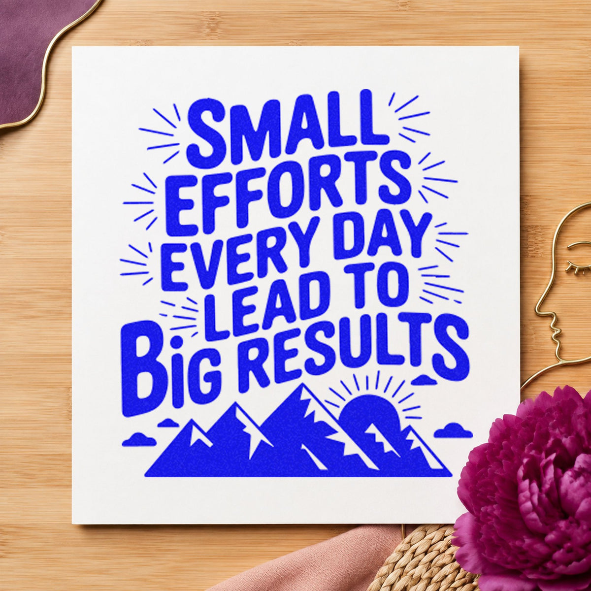Small Efforts Big Results craft stamp in blue ink on cardstock, an easy option for case liner printing.