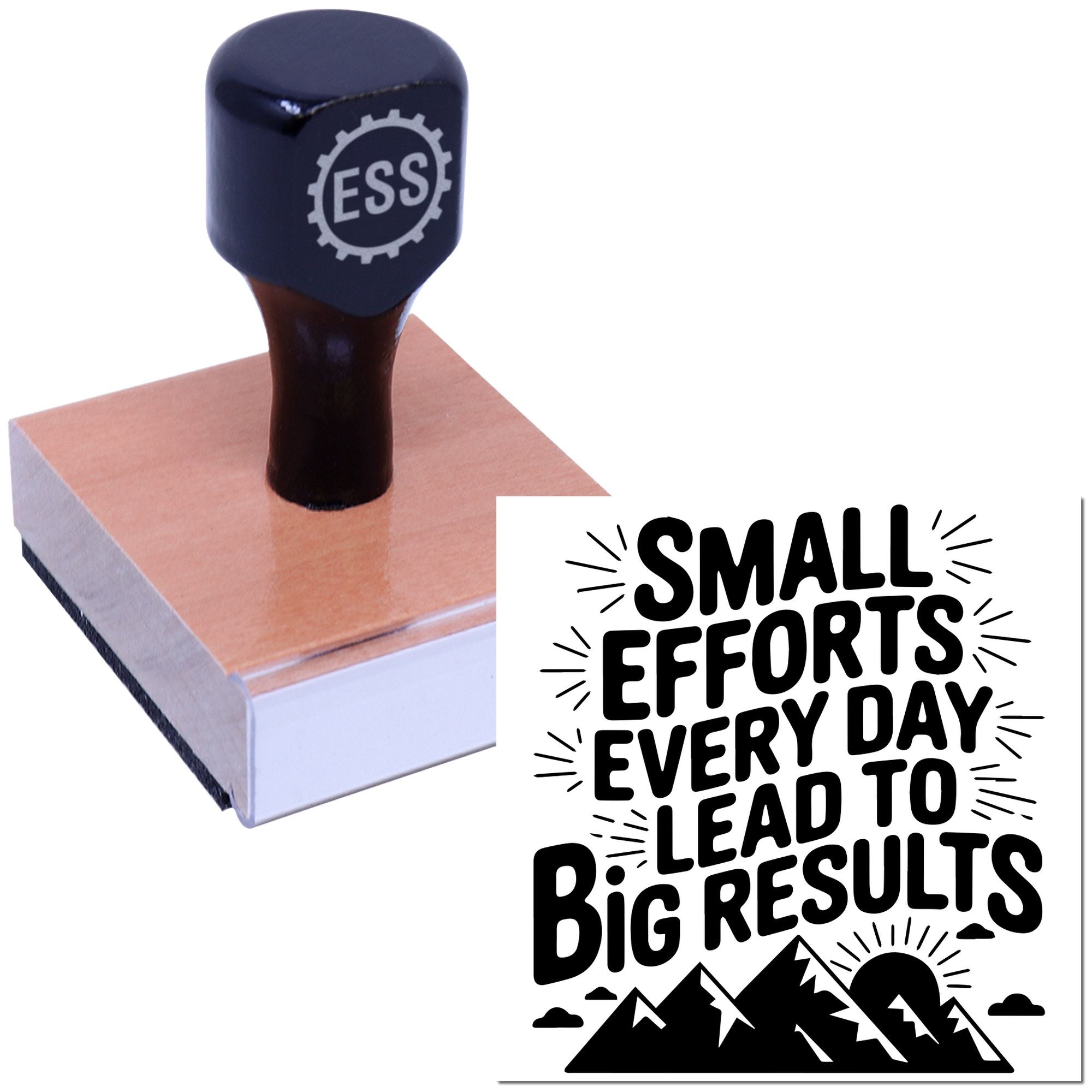 Dark blue ESS seal stamp on pink block with "Small efforts every day lead to big results" design.