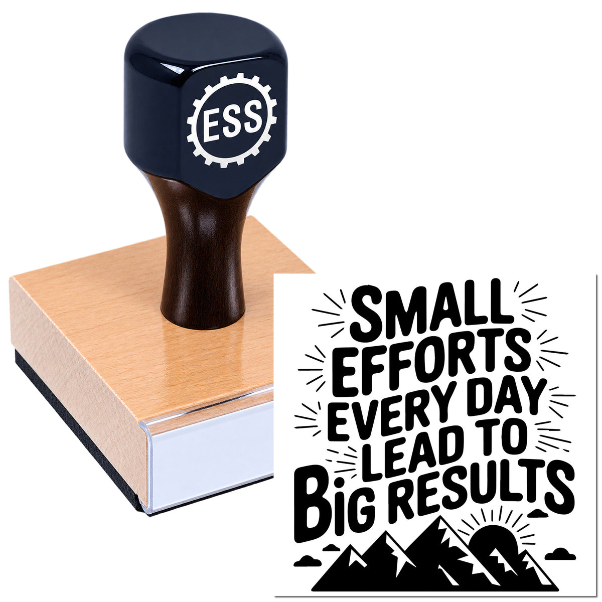Dark blue ESS seal stamp on pink block with "Small efforts every day lead to big results" design.
