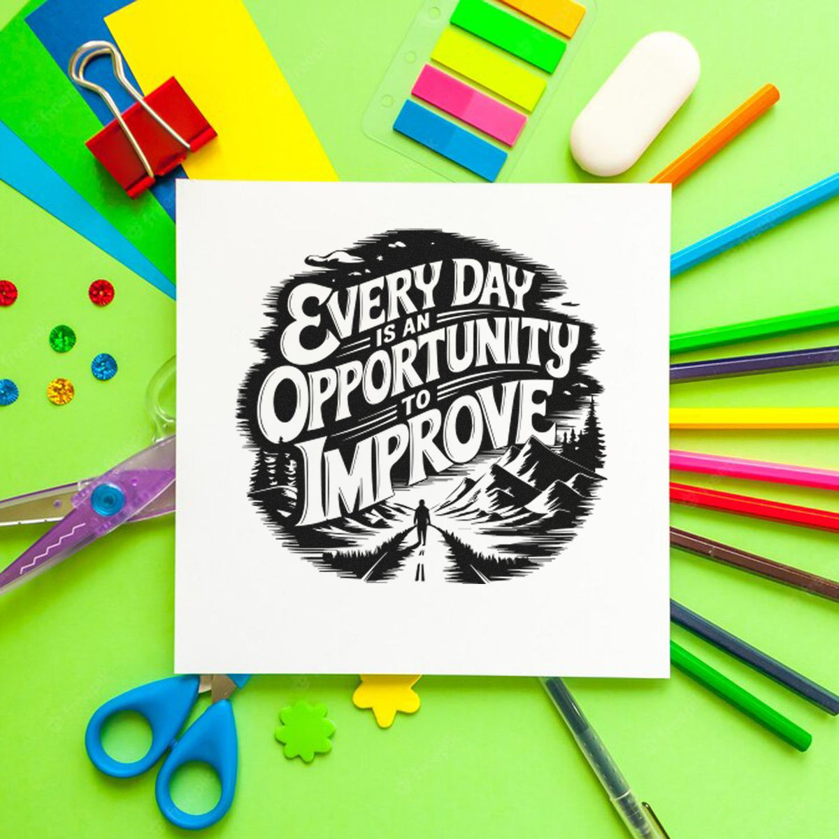 Black motivational stamp on white paper, with bright stationery and seal tools on a green background.
