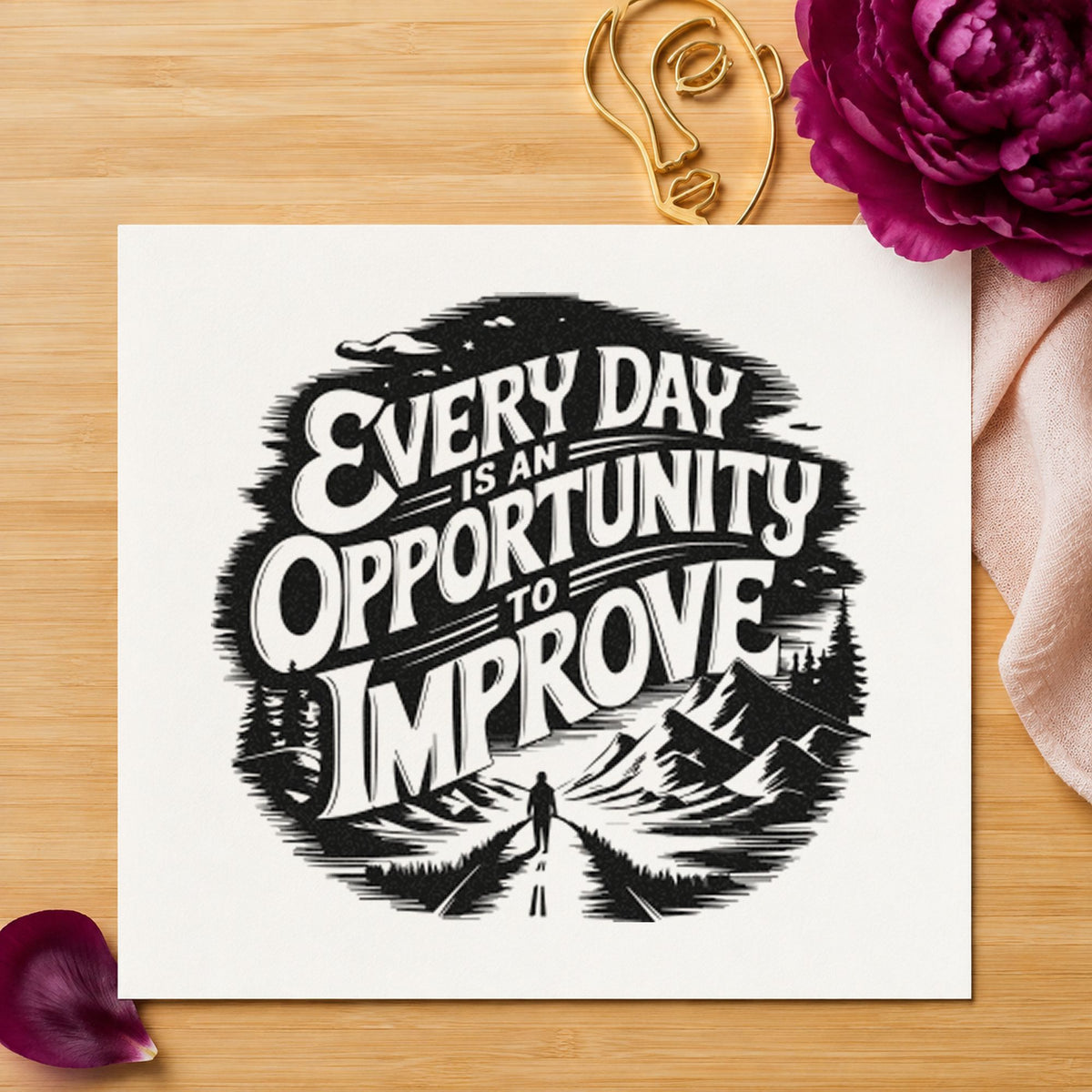 Every Day Opportunity Improve craft stamp imprint in black ink on a handmade project, one idea being broom gift tags.