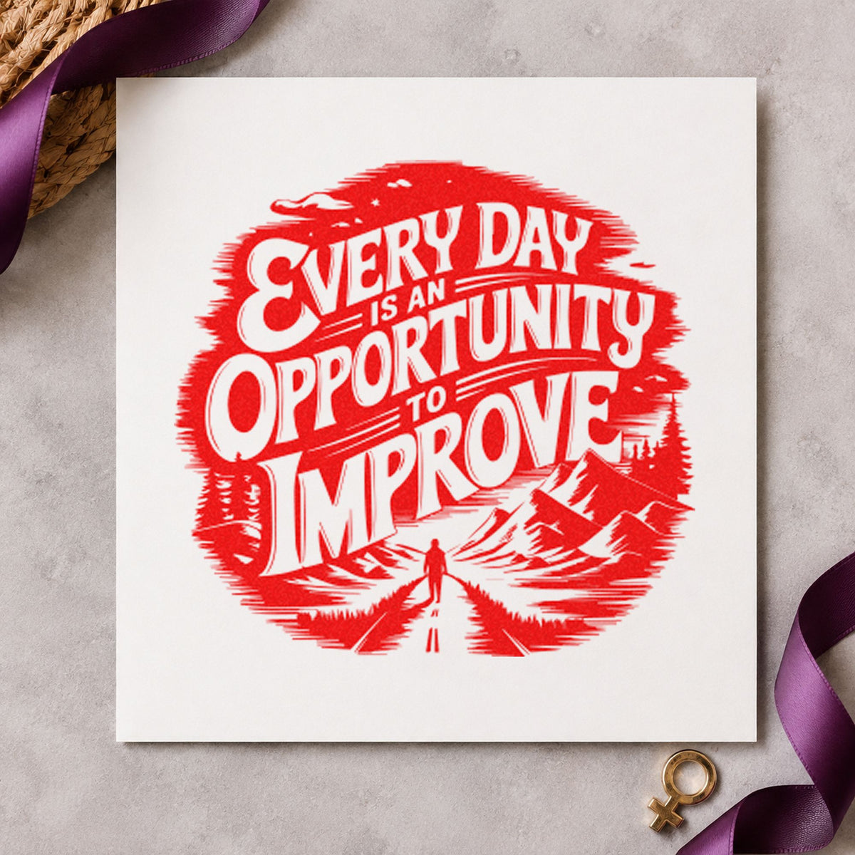 Every Day Opportunity Improve rubber stamp shown in red ink, stamped for projects such as rack broom labels.