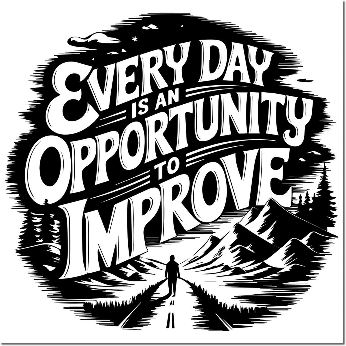 Black and white motivational stamp seal reading Every day is an opportunity to improve, with mountains, road, trees, and hiker.