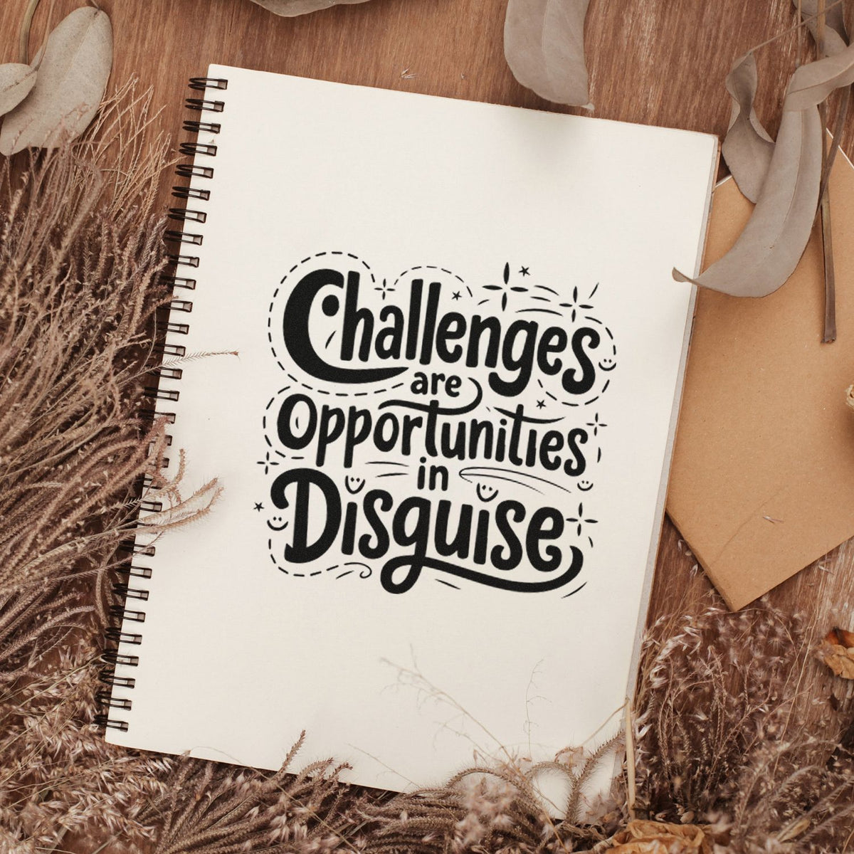 Black decorative stamp seal reading Challenges are Opportunities in Disguise on a white spiral notebook with beige dried florals.