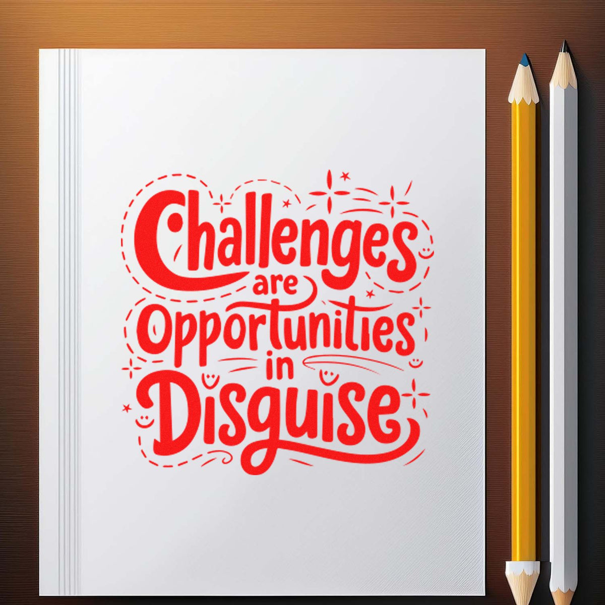 White notebook with red stamp-style seal reading Challenges are Opportunities in Disguise, beside two colored pencils.