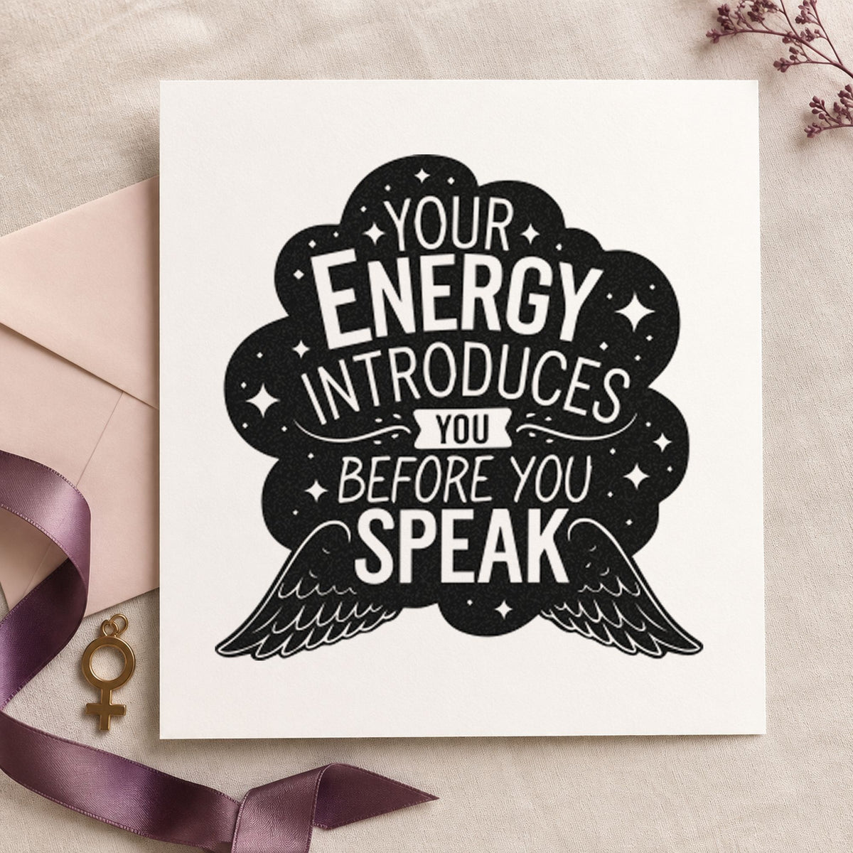 Energy Introduces Before Speak craft stamp in black ink on cardstock, an easy option for event night album page.