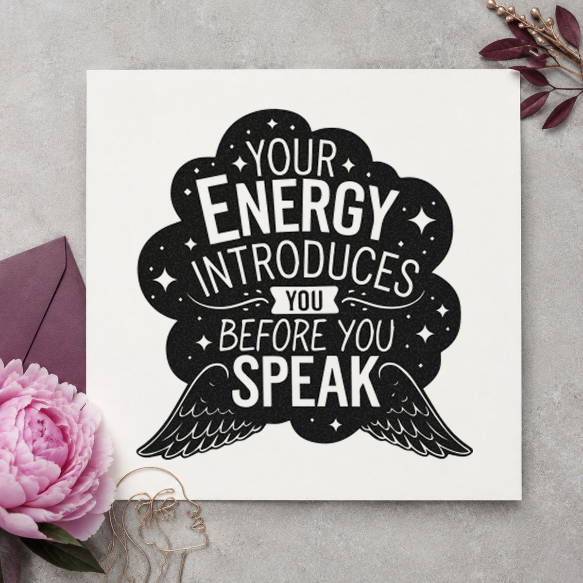 Energy Introduces Before Speak craft stamp imprint in black ink on a handmade project, one idea being playlist gift tags.