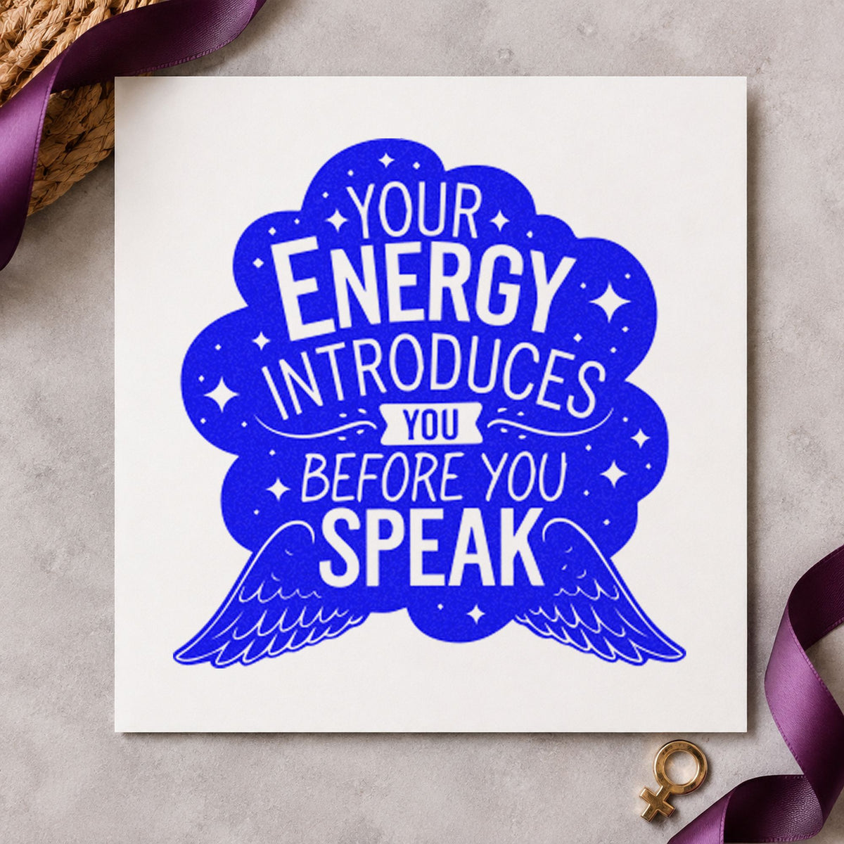 Energy Introduces Before Speak craft stamp in blue ink on cardstock, an easy option for booth skirt printing.