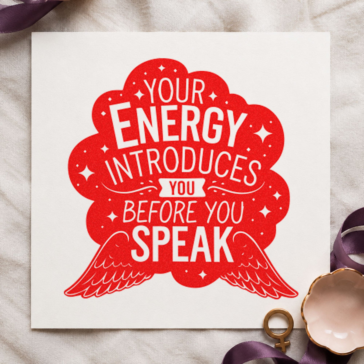Energy Introduces Before Speak craft stamp imprint in red ink on a handmade project, one idea being request slip cards.
