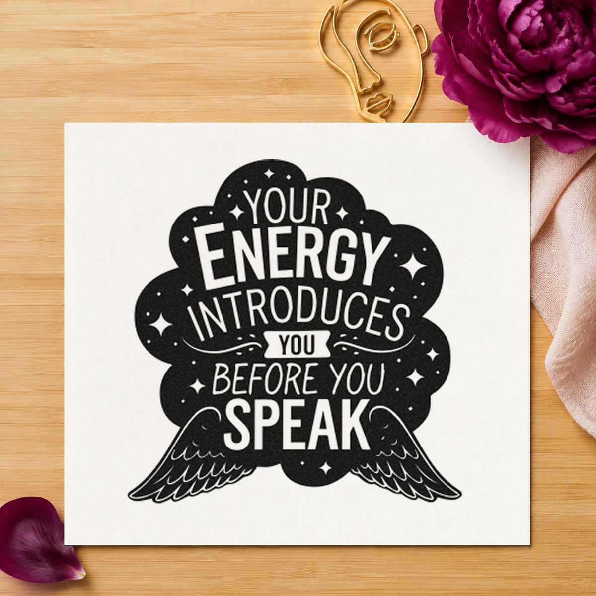 Energy Introduces Before Speak rubber stamp printed in black ink, ready for spread wing cards and similar paper crafts.