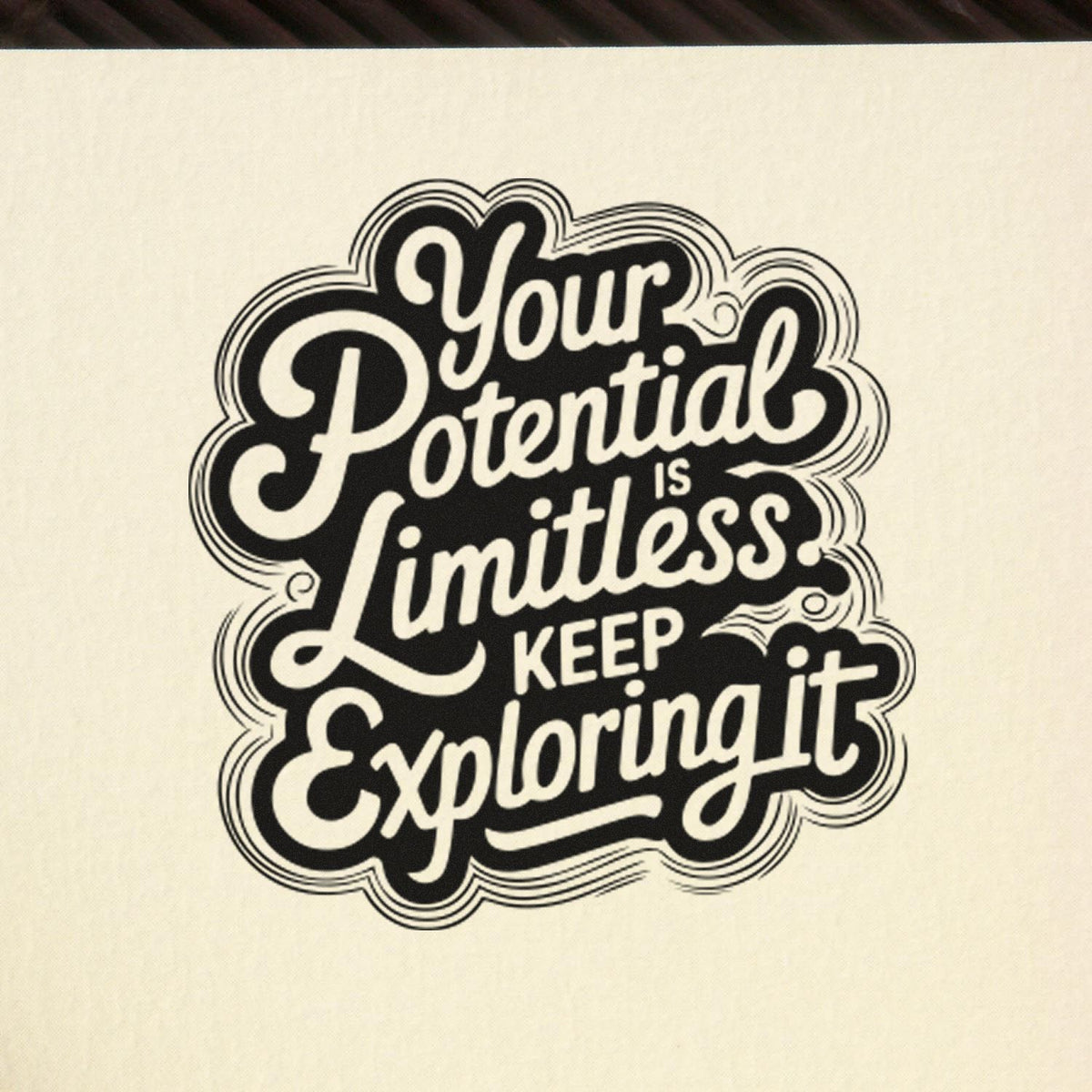 Black-and-white cloud-shaped stamp seal with quote Your Potential is Limitless. Keep Exploring It on cream background.