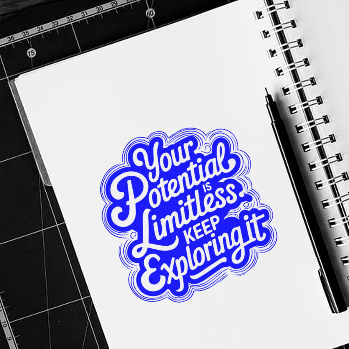 Blue rubber stamp seal with motivational text on a white spiral notebook beside a black pen.