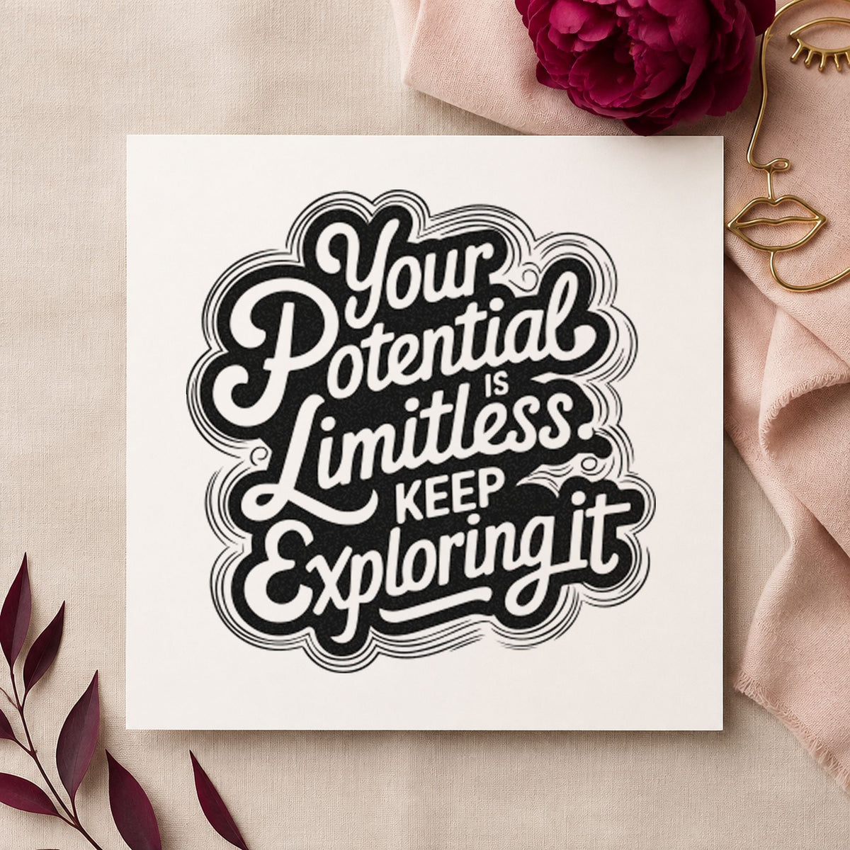 Your Potential Limitless Explore craft stamp imprint in black ink on a handmade project, one idea being phrase pack gift tags.