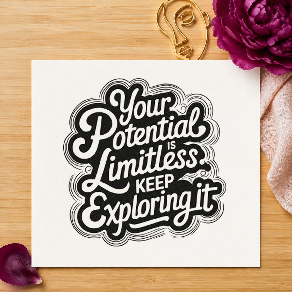 Your Potential Limitless Explore rubber stamp printed in black ink, ready for day theme sheet and similar paper crafts.