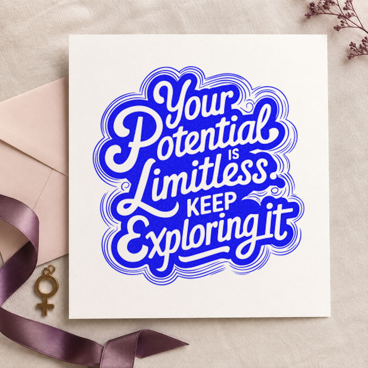Your Potential Limitless Explore craft stamp in blue ink on cardstock, an easy option for camp tee printing.