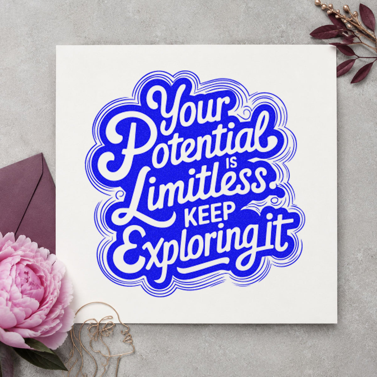 Your Potential Limitless Explore craft stamp imprinted in blue ink on paper, a design suited to framed camp hall.
