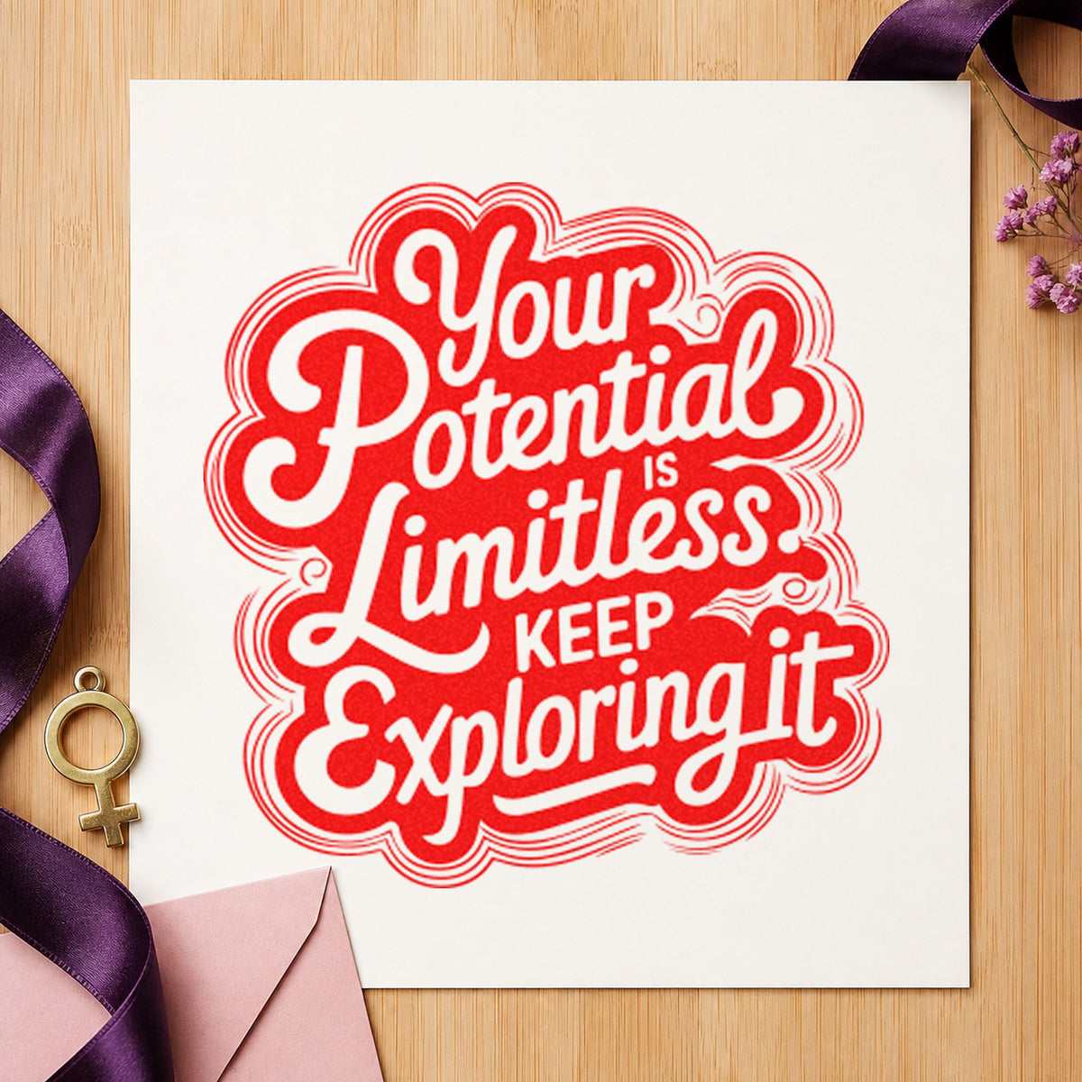 Your Potential Limitless Explore rubber stamp shown in red ink, stamped for projects such as bin activity labels.